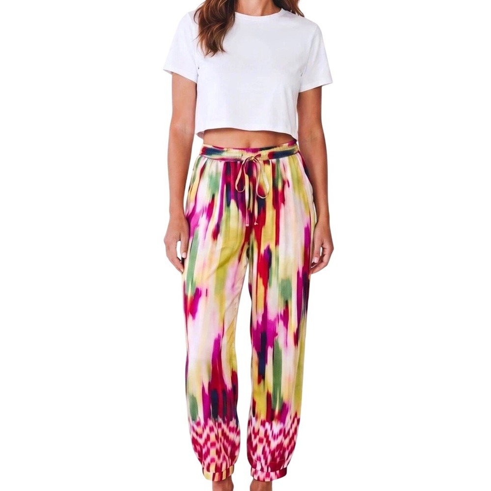 Cabi 100% Silk Abstract Ikat Print Snap Jogger Pants Multi-Color Size M Hippie